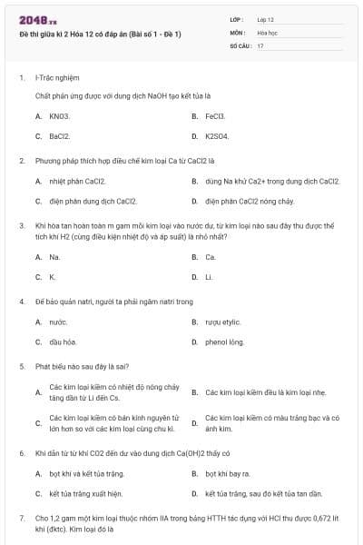 Đề thi giữa kì 2 Hóa 12 có đáp án (Bài số 1 - Đề 1)
