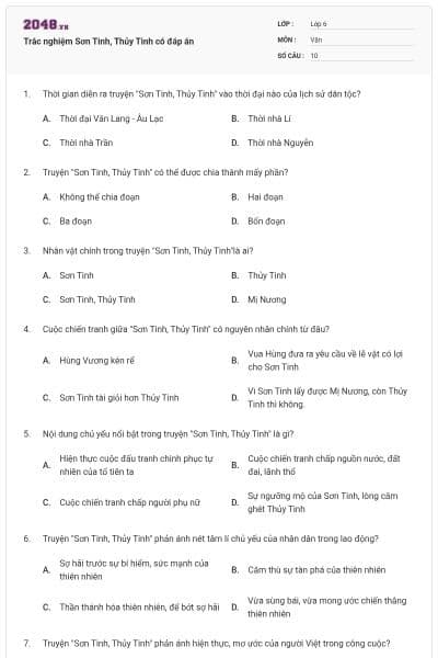 Trắc nghiệm Sơn Tinh, Thủy Tinh có đáp án