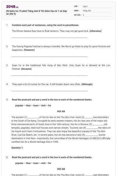 Đề kiểm tra 15 phút Tiếng Anh 8 Thí điểm Học kì 1 có đáp án (Đề 5)