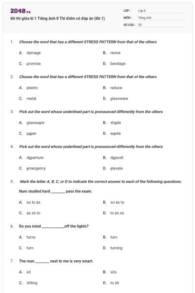 Đề thi giữa kì 1 Tiếng Anh 8 Thí điểm có đáp án (Đề 1)