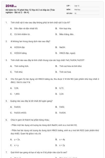 Đề kiểm tra 15 phút Hóa 12 Học kì 2 có đáp án (Trắc nghiệm - Bài số 2 - Đề 4)
