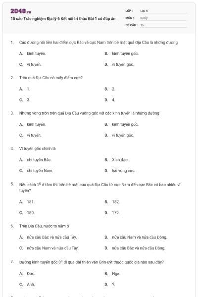 15 câu Trắc nghiệm Địa lý 6 Kết nối tri thức Bài 1 có đáp án