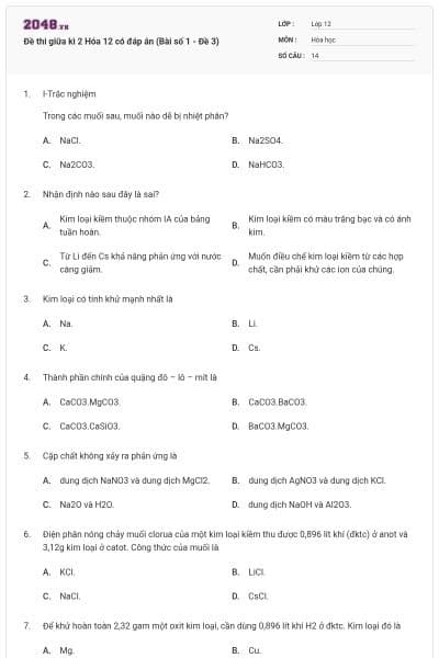 Đề thi giữa kì 2 Hóa 12 có đáp án (Bài số 1 - Đề 3)
