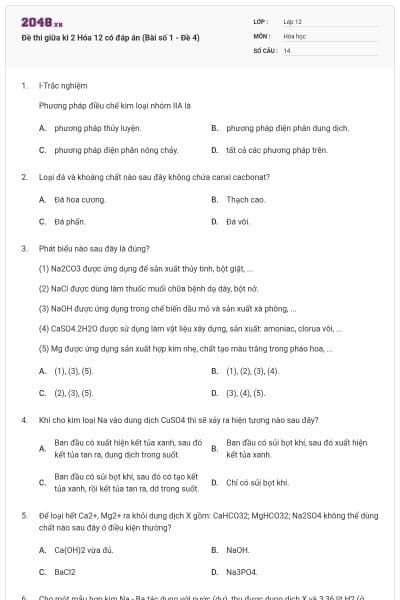Đề thi giữa kì 2 Hóa 12 có đáp án (Bài số 1 - Đề 4)