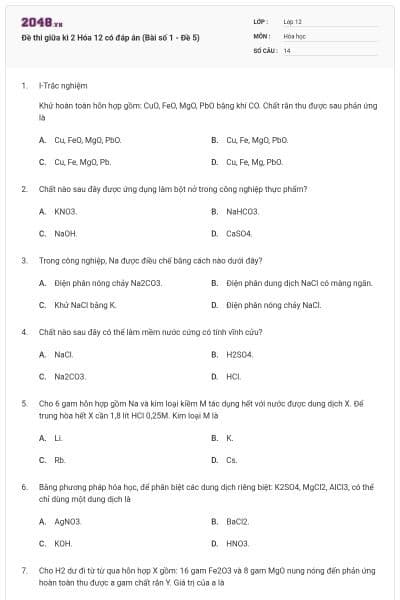 Đề thi giữa kì 2 Hóa 12 có đáp án (Bài số 1 - Đề 5)