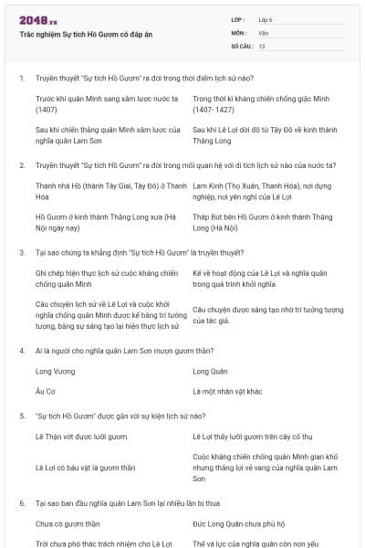 Trắc nghiệm Sự tích Hồ Gươm có đáp án