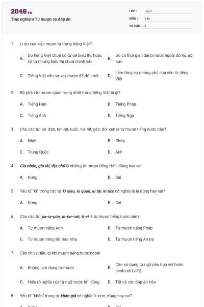 Trắc nghiệm Từ mượn có đáp án