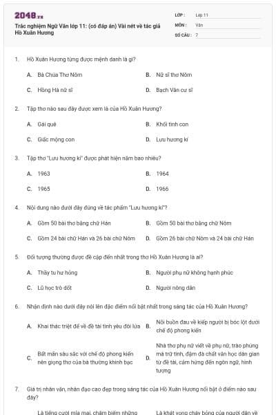 Trắc nghiệm Ngữ Văn lớp 11: (có đáp án) Vài nét về tác giả Hồ Xuân Hương