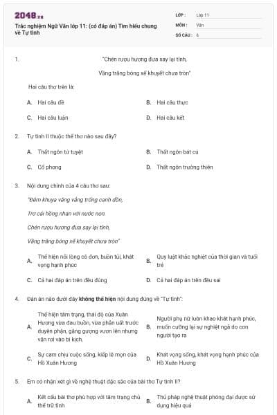 Trắc nghiệm Ngữ Văn lớp 11: (có đáp án) Tìm hiểu chung về Tự tình