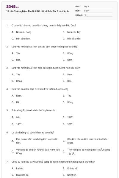 12 câu Trắc nghiệm Địa lý 6 Kết nối tri thức Bài 9 có đáp án