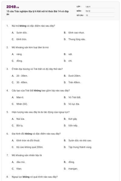 15 câu Trắc nghiệm Địa lý 6 Kết nối tri thức Bài 14 có đáp án