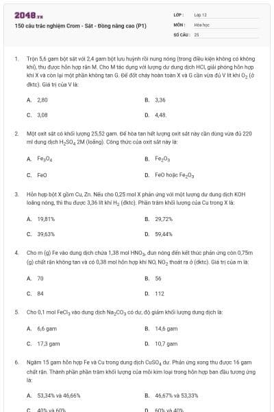 150 câu trắc nghiệm Crom - Sắt - Đồng nâng cao (P1)