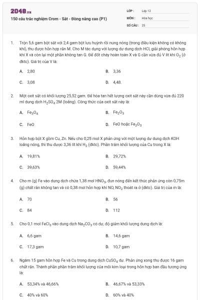 150 câu trắc nghiệm Crom - Sắt - Đồng nâng cao (P1)