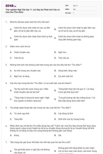 Trắc nghiệm Ngữ Văn lớp 11: (có đáp án) Phân tích Câu cá mùa thu (Thu điếu)