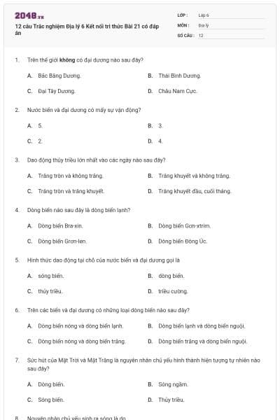 12 câu Trắc nghiệm Địa lý 6 Kết nối tri thức Bài 21 có đáp án