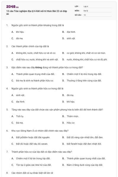 12 câu Trắc nghiệm Địa lý 6 Kết nối tri thức Bài 22 có đáp án