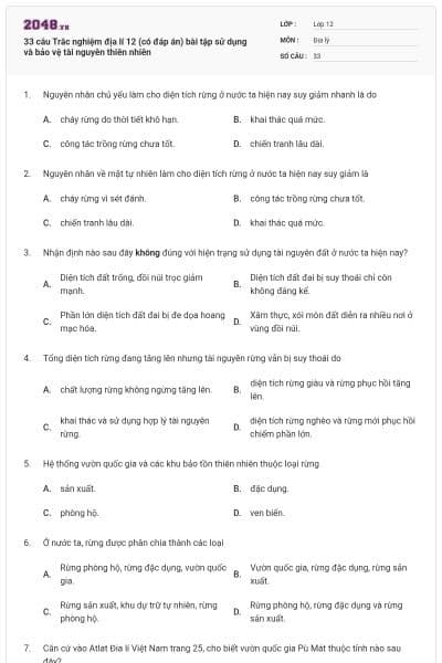 33 câu Trắc nghiệm địa lí 12 (có đáp án) bài tập sử dụng và bảo vệ tài nguyên thiên nhiên