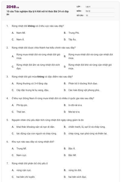 10 câu Trắc nghiệm Địa lý 6 Kết nối tri thức Bài 24 có đáp án