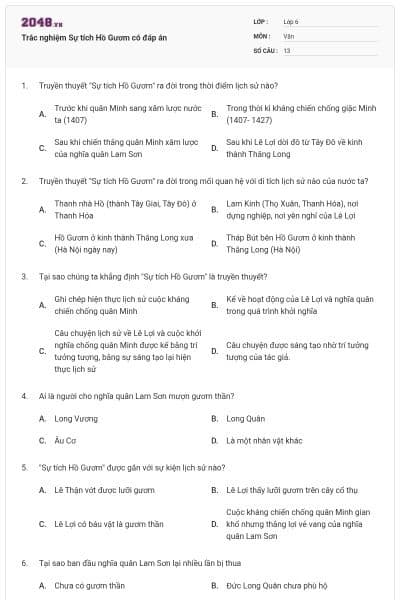 Trắc nghiệm Sự tích Hồ Gươm có đáp án