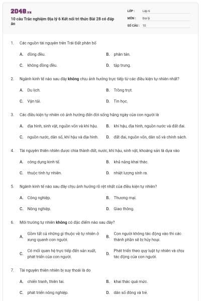 10 câu Trắc nghiệm Địa lý 6 Kết nối tri thức Bài 28 có đáp án
