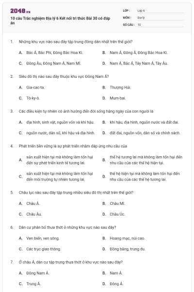 10 câu Trắc nghiệm Địa lý 6 Kết nối tri thức Bài 30 có đáp án