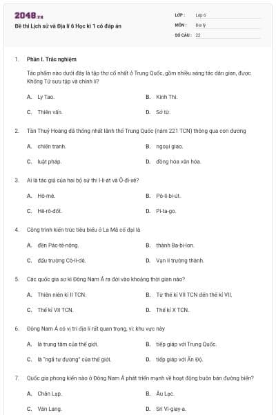 Đề thi Lịch sử và Địa lí 6 Học kì 1 có đáp án