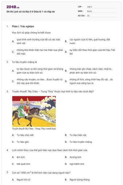 Đề thi Lịch sử và Địa lí 6 Giữa kì 1 có đáp án