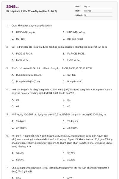 Đề thi giữa kì 2 Hóa 12 có đáp án (Lần 2 - Đề 2)