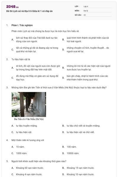 Đề thi Lịch sử và Địa lí 6 Giữa kì 1 có đáp án