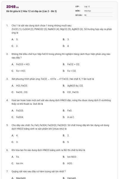 Đề thi giữa kì 2 Hóa 12 có đáp án (Lần 2 - Đề 3)