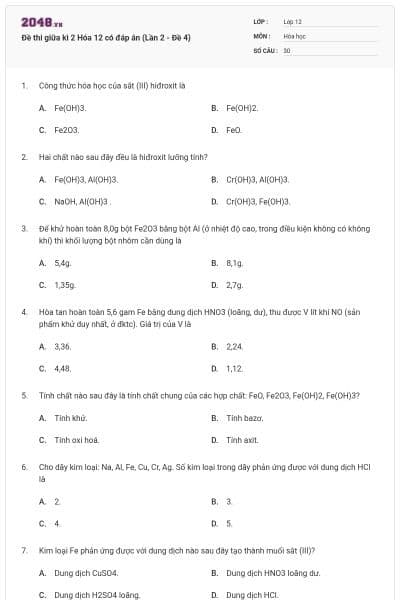 Đề thi giữa kì 2 Hóa 12 có đáp án (Lần 2 - Đề 4)