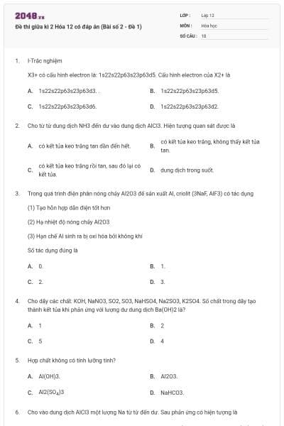 Đề thi giữa kì 2 Hóa 12 có đáp án (Bài số 2 - Đề 1)