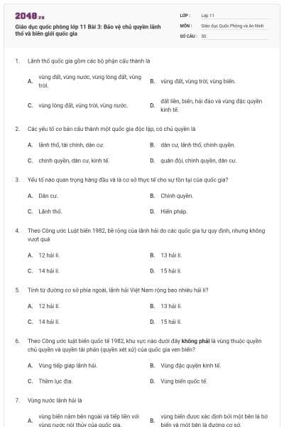 Giáo dục quốc phòng lớp 11 Bài 3: Bảo vệ chủ quyền lãnh thổ và biên giới quốc gia