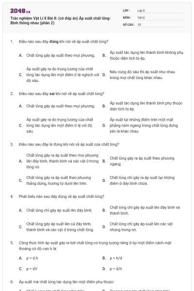 Trắc nghiệm Vật Lí 8 Bài 8: (có đáp án) Áp suất chất lỏng- Bình thông nhau (phần 2)