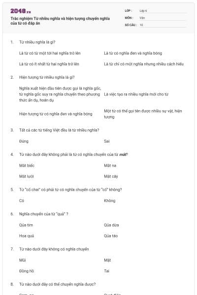 Trắc nghiệm Từ nhiều nghĩa và hiện tượng chuyển nghĩa của từ có đáp án