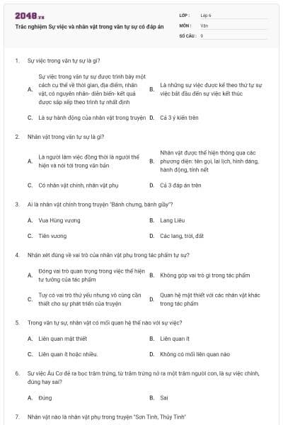 Trắc nghiệm Sự việc và nhân vật trong văn tự sự có đáp án