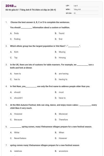 Đề thi giữa kì 1 Tiếng Anh 8 Thí điểm có đáp án (Đề 4)