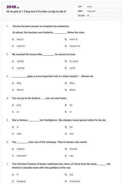 Đề thi giữa kì 1 Tiếng Anh 8 Thí điểm có đáp án (Đề 5)