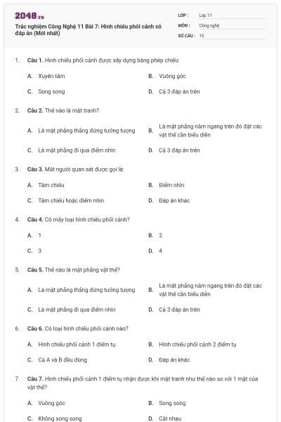 Trắc nghiệm Công Nghệ 11 Bài 7: Hình chiếu phối cảnh có đáp án (Mới nhất)