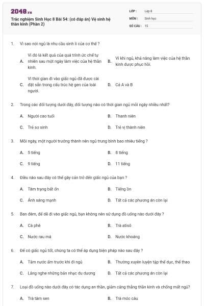 Trắc nghiệm Sinh Học 8 Bài 54: (có đáp án) Vệ sinh hệ thần kinh (Phần 2)