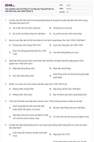 Trắc nghiệm Lịch Sử 9 Bài 37 (có đáp án) Tổng kết lịch sử Việt Nam đến năm 2000 (Phần 2)