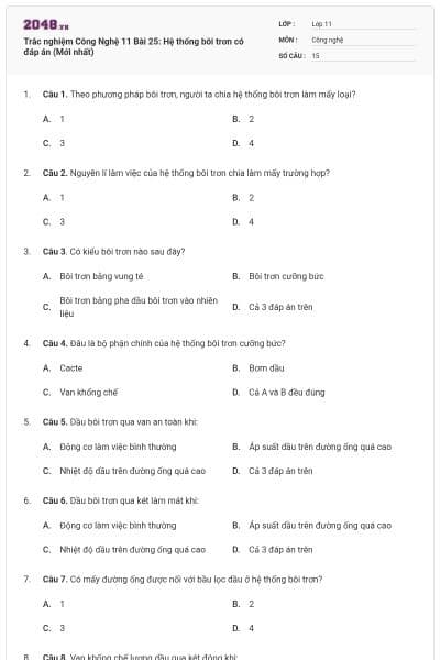 Trắc nghiệm Công Nghệ 11 Bài 25: Hệ thống bôi trơn có đáp án (Mới nhất)