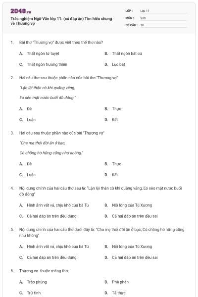 Trắc nghiệm Ngữ Văn lớp 11: (có đáp án) Tìm hiểu chung về Thương vợ