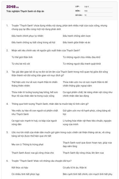Trắc nghiệm Thạch Sanh có đáp án
