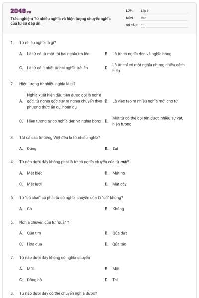 Trắc nghiệm Từ nhiều nghĩa và hiện tượng chuyển nghĩa của từ có đáp án