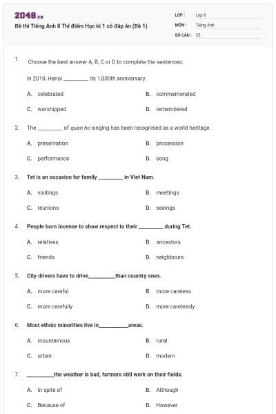 Đề thi Tiếng Anh 8 Thí điểm Học kì 1 có đáp án (Đề 1)