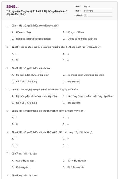 Trắc nghiệm Công Nghệ 11 Bài 29: Hệ thống đánh lửa có đáp án (Mới nhất)