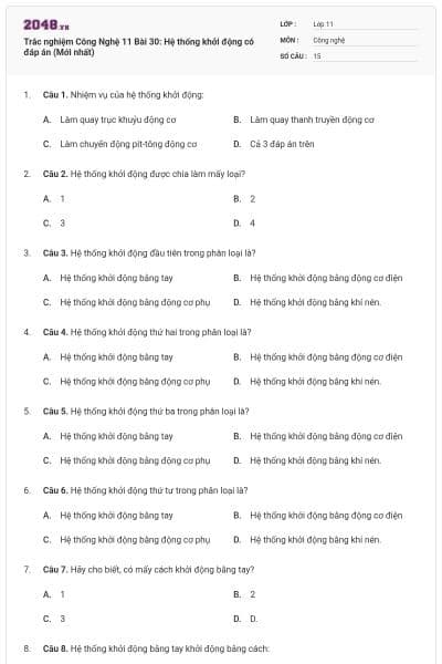 Trắc nghiệm Công Nghệ 11 Bài 30: Hệ thống khởi động có đáp án (Mới nhất)