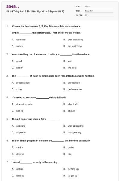 Đề thi Tiếng Anh 8 Thí điểm Học kì 1 có đáp án (Đề 2)