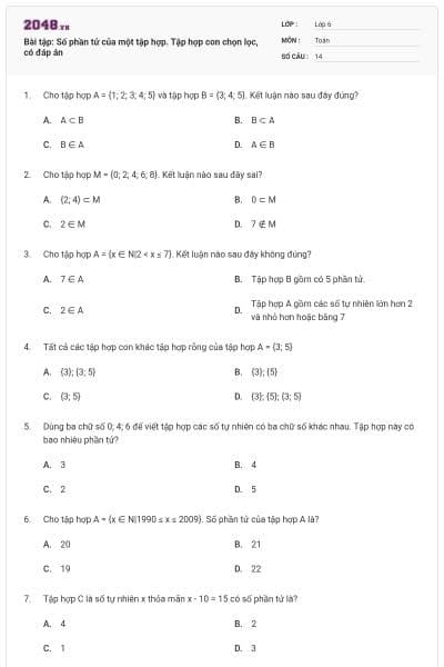 Bài tập: Số phần tử của một tập hợp. Tập hợp con chọn lọc, có đáp án